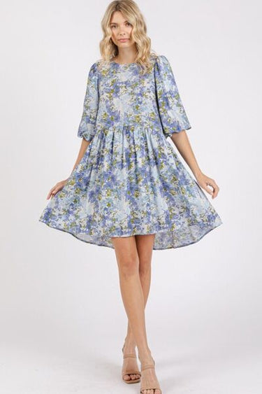 Flower Linen Blend Blue Mini Dress